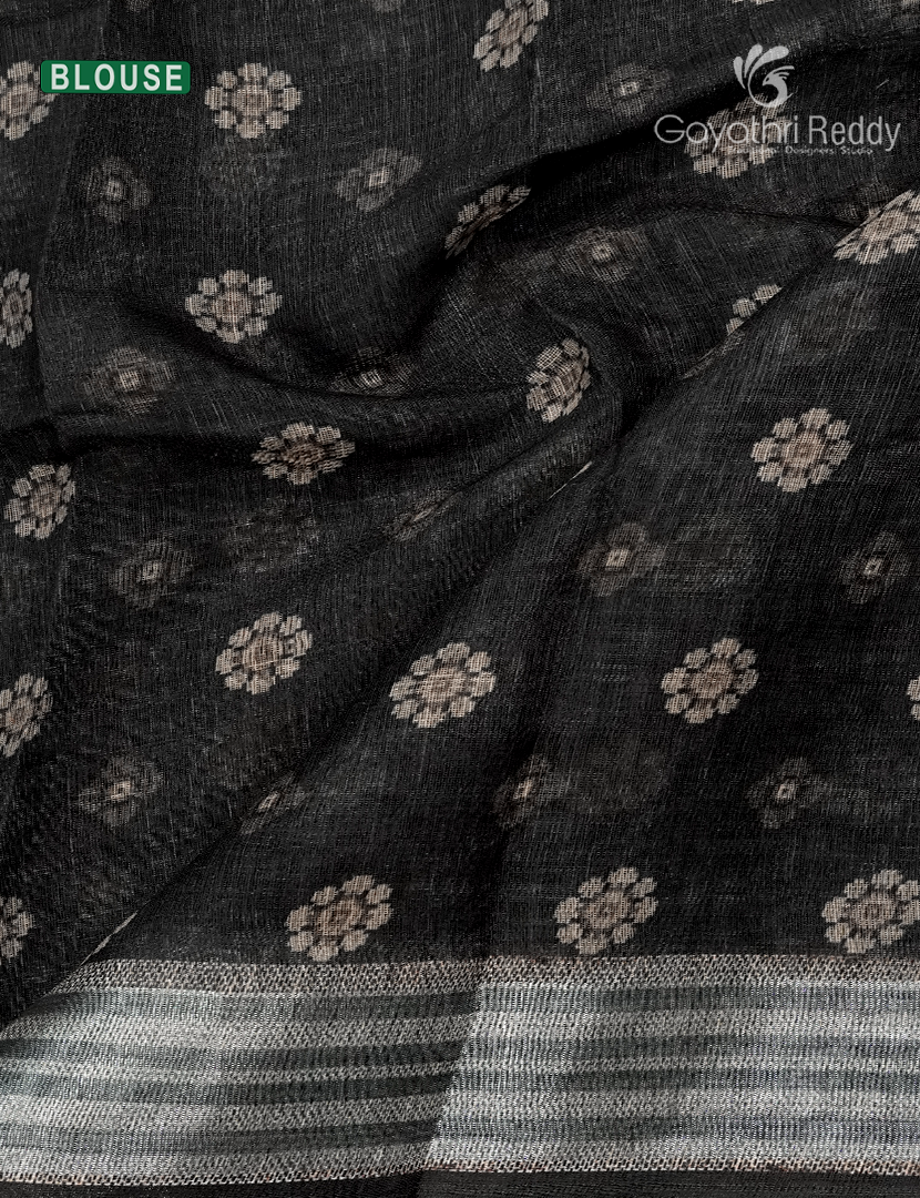 Linen Silk Saree in Cream and Black