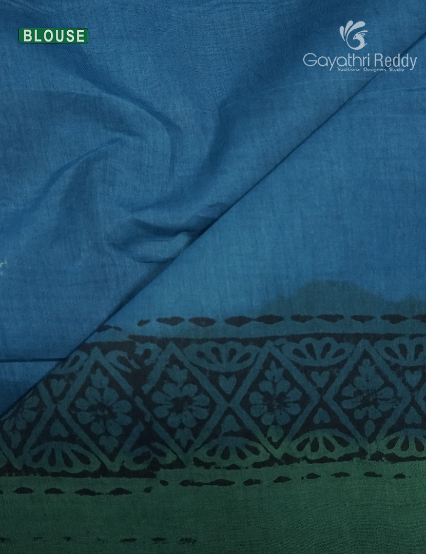 Block Print Cotton Saree in Sea Foam Green and Sea Blue