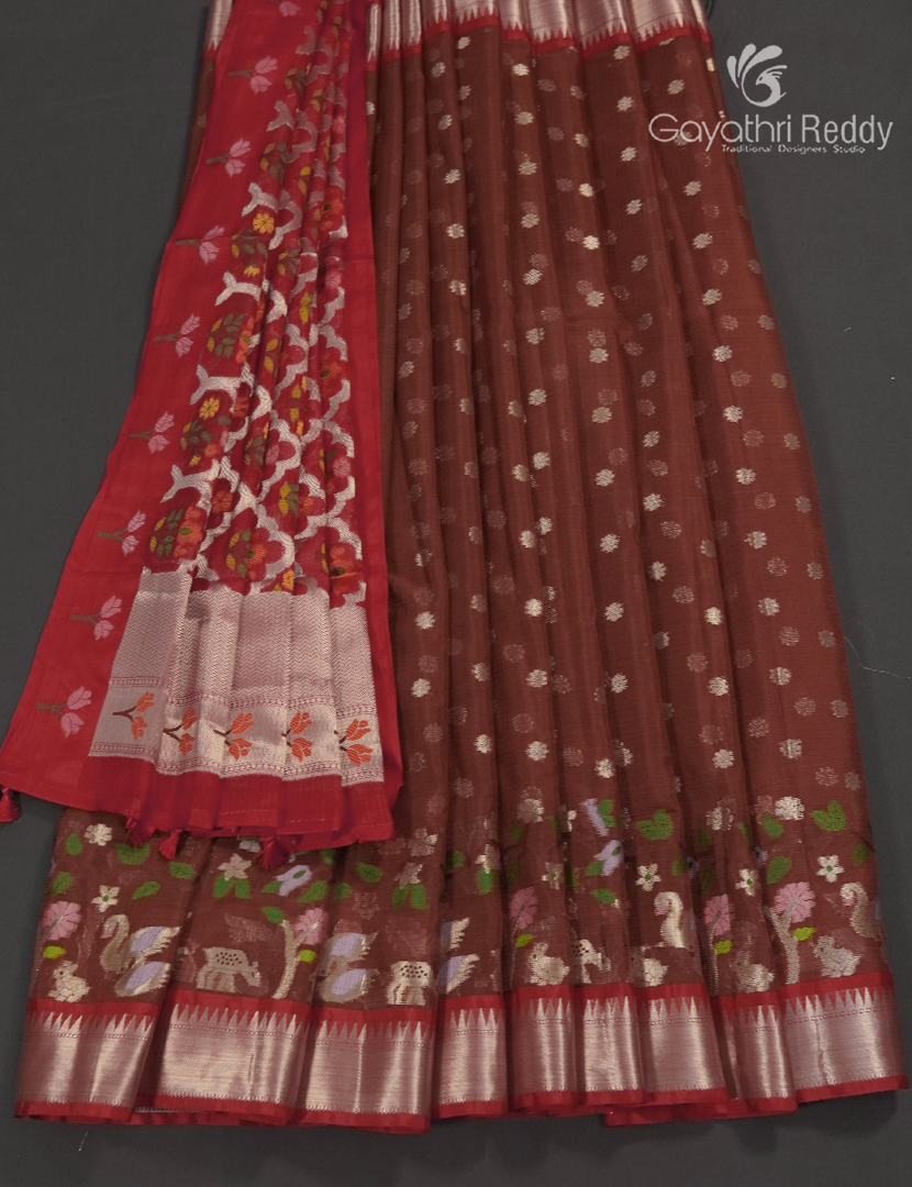 Banaras Kota Lehanga Set in Brown and Rani Pink