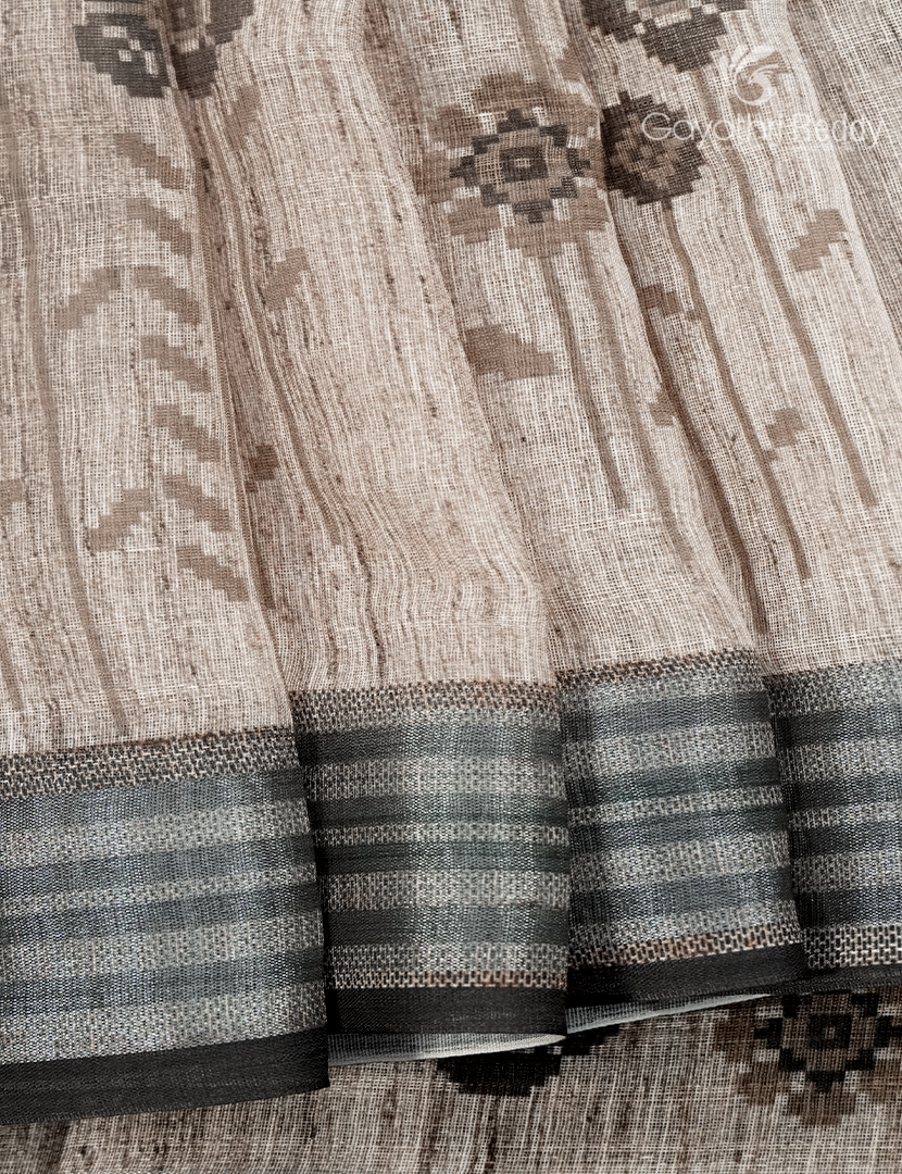 Linen Silk Saree in Cream and Black