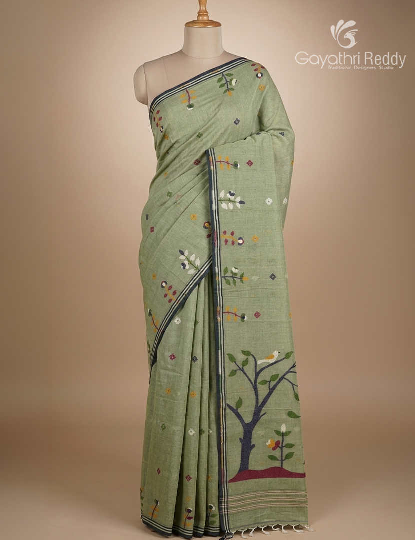 Jamdani Cotton Saree in Sage Green