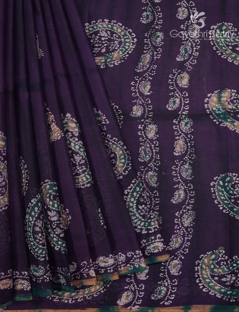 Cotton Batik Print Saree in Aubergine