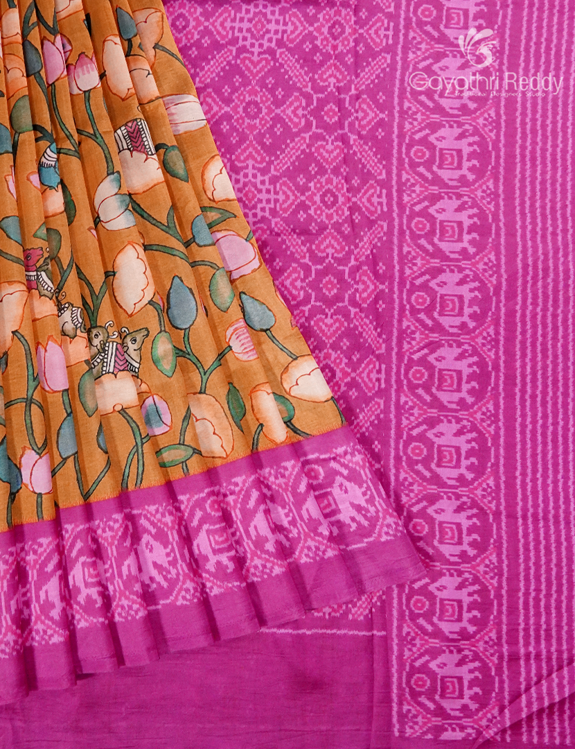 Semi Tussar Silk Saree in Deep Mustard and Pink