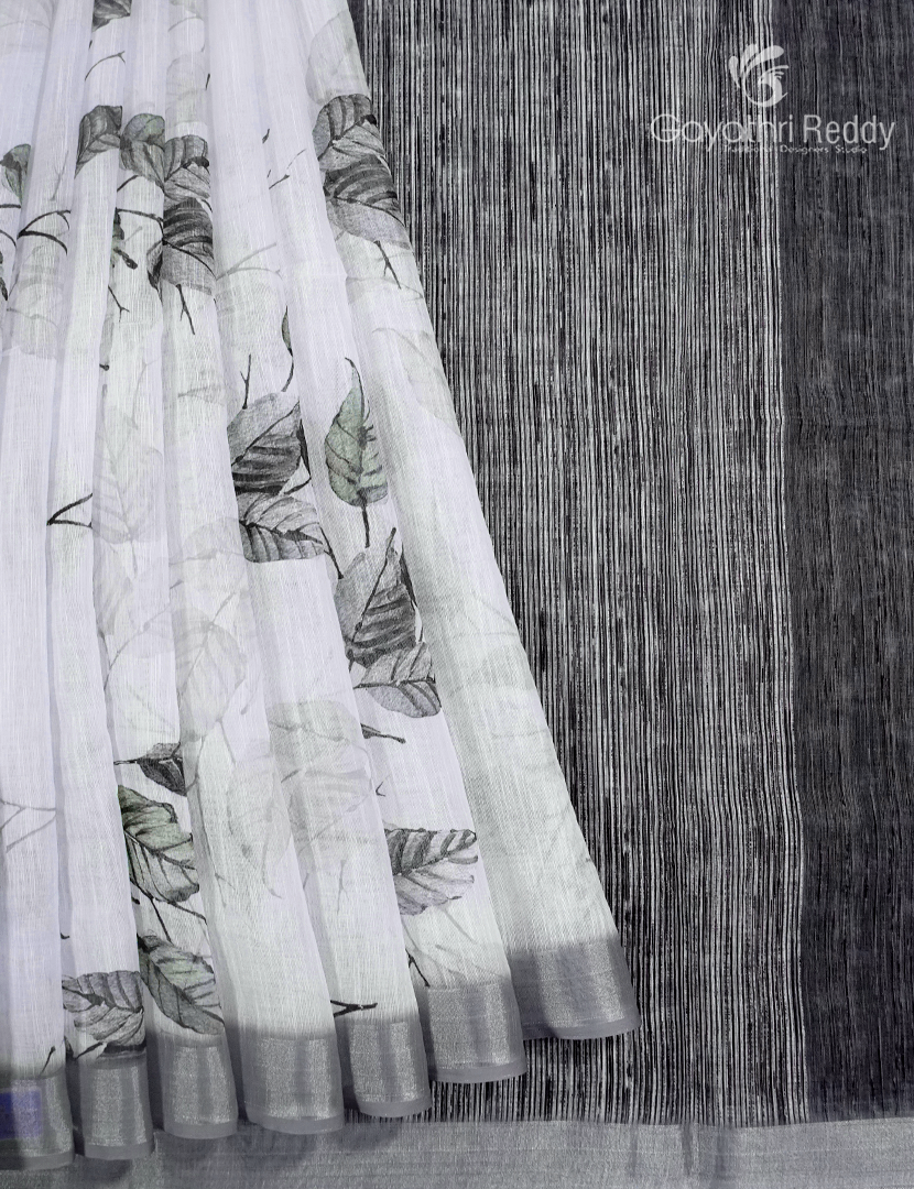 Linen Silk Saree in White and Black