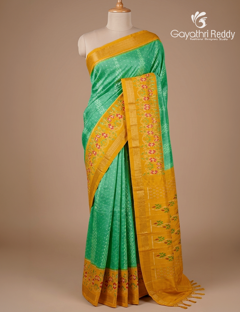 Pure Ikat Silk Saree in Sea Green and Mustard