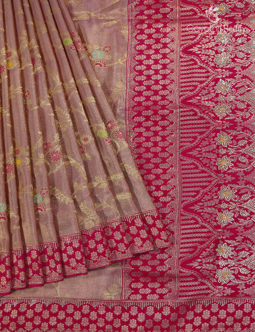 Semi Kanchipuram Silk Fancy Saree in Copper and Rani Pink