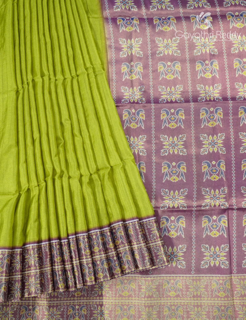 Semi Tussar Saree Parrot Green and Purple