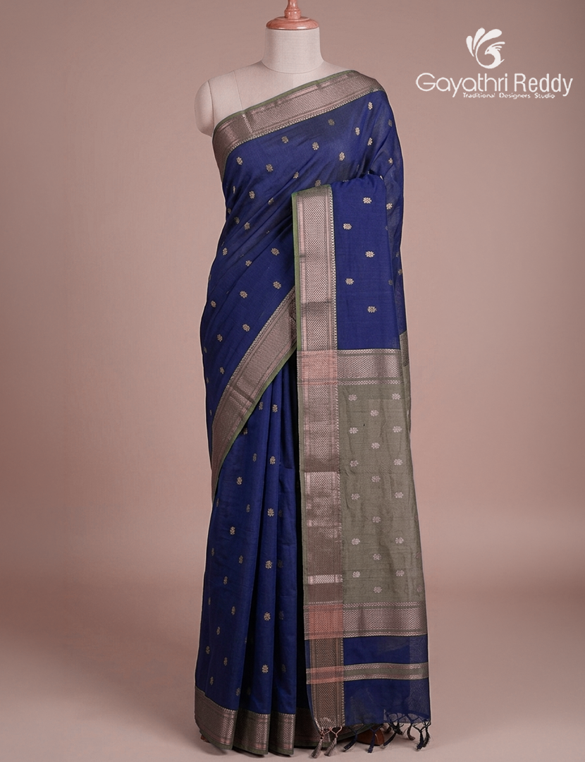 Kanchipuram Sico Saree in Navy Blue and Olive Grey