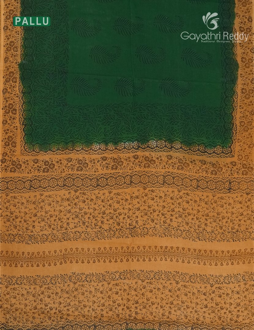 Block Print Cotton Saree in Bottle Green and Yellow