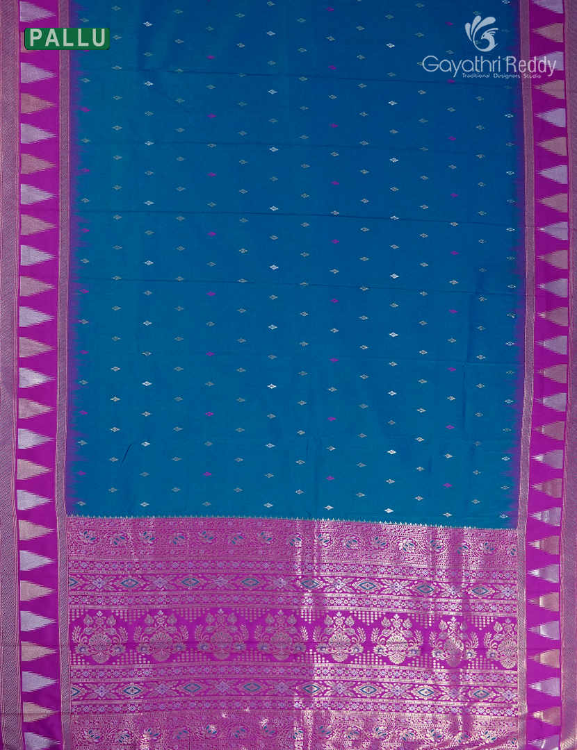 Semi Kanchipuran Silk Saree in Deep Peacock Blue and Magenta Pink