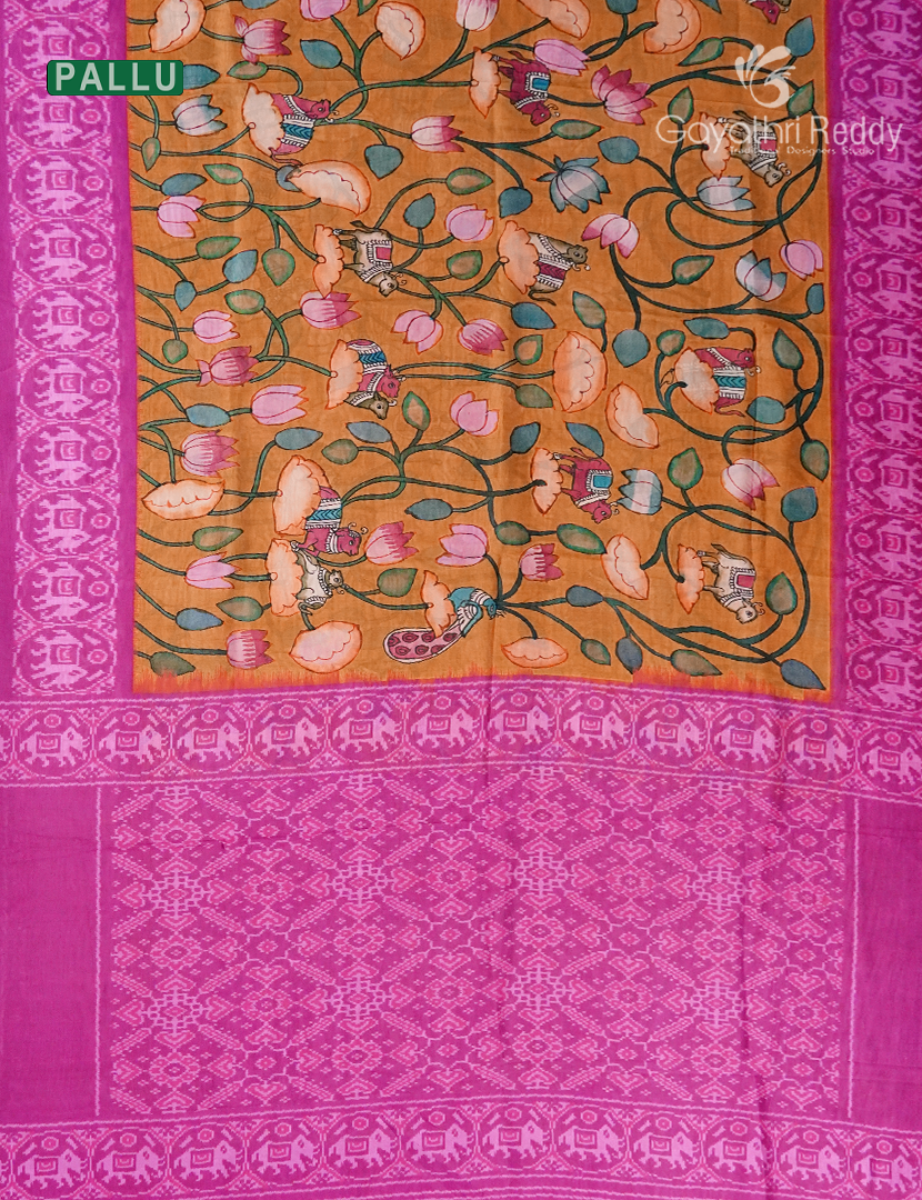 Semi Tussar Silk Saree in Deep Mustard and Pink