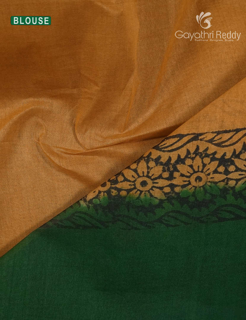 Block Print Cotton Saree in Bottle Green and Yellow