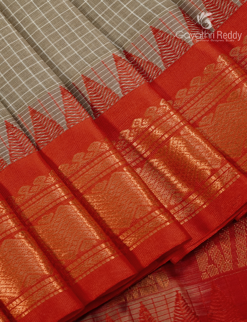 Pure Gadwal Cotton Saree in Olive Grey and Red