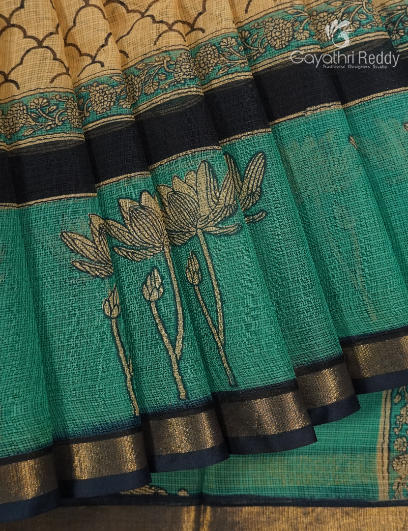 Premium Quality Cotton Kota Saree in Beige and Teal Green