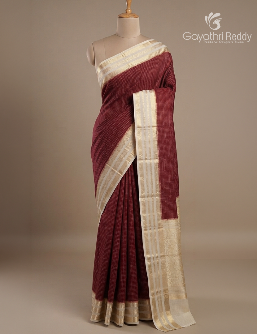 Semi Mysore Crepe Saree in Burgundy and White