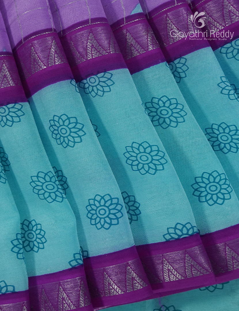 Mangalgiri Printed Saree in Lavender and Sea Blue