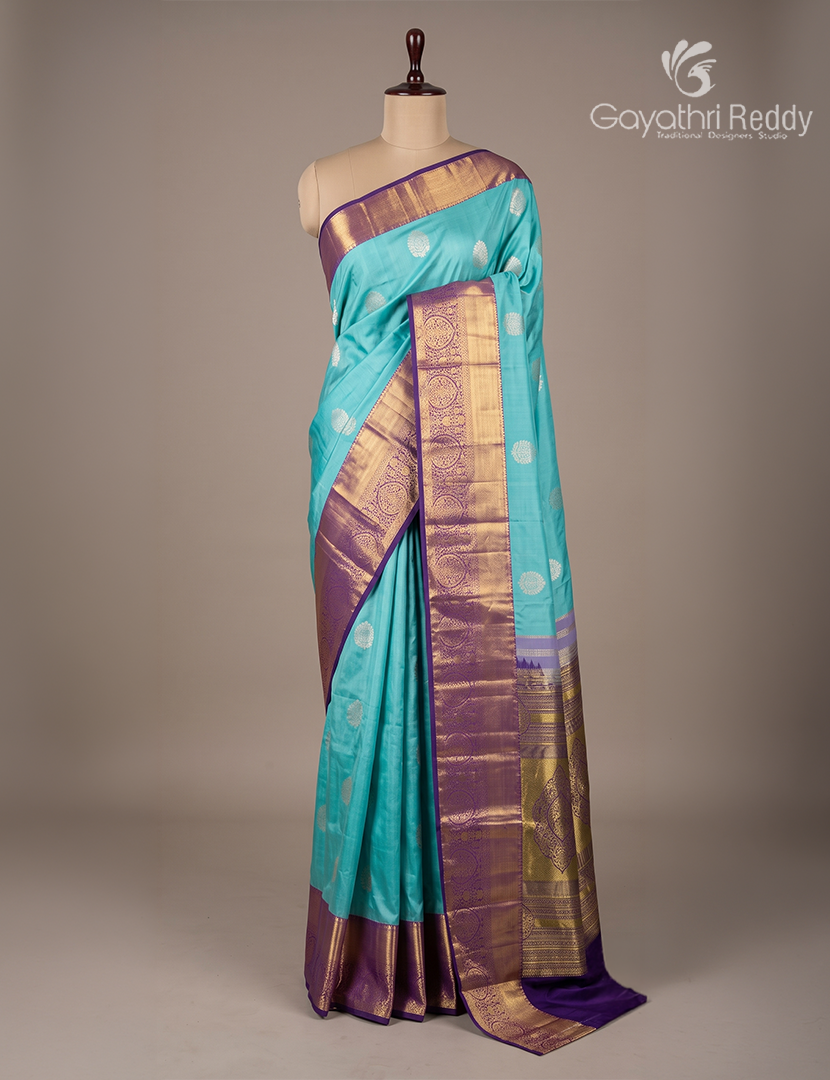 Semi Kanchipuram Silk Saree in Aqua Blue and Purple