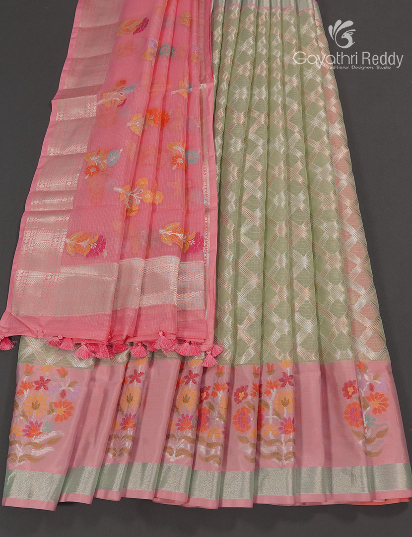 Banaras Kota Lehanga Set in Pista Green and Peach