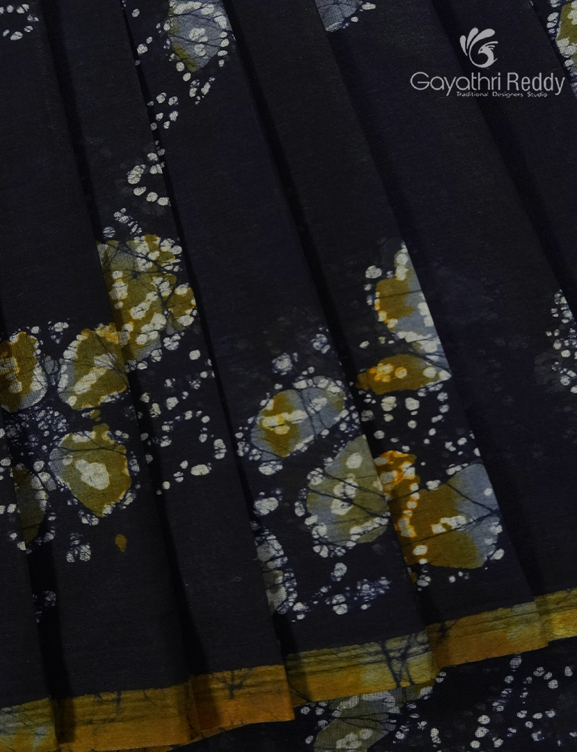 Cotton Batik Print Saree in Navy blue