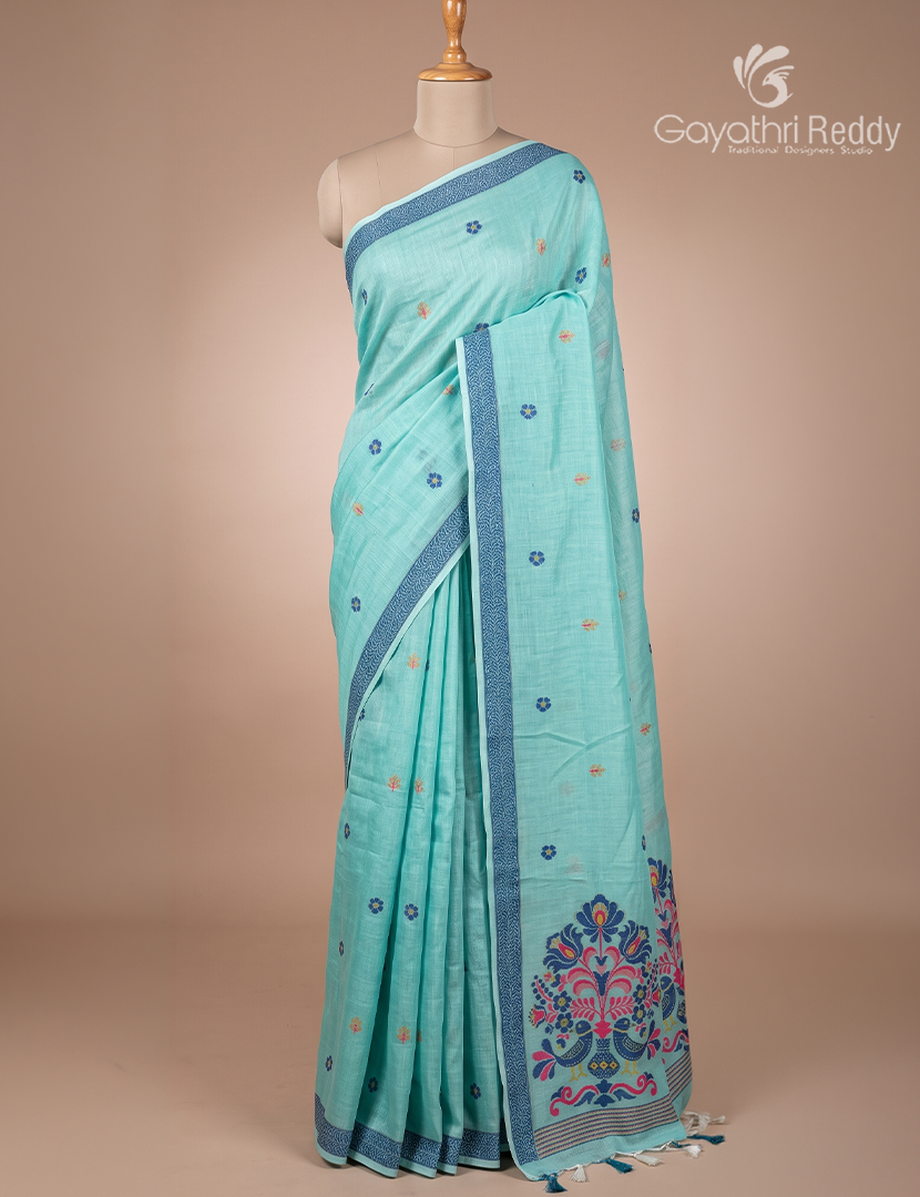 Pure Linen Saree in Sea Foam Green