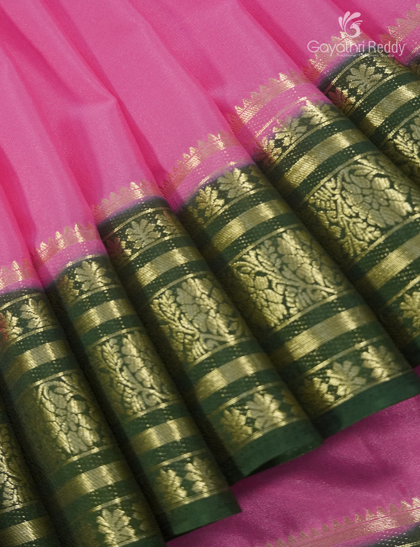 Semi Mysore Crepe Saree in Baby Pink and Bottle Green