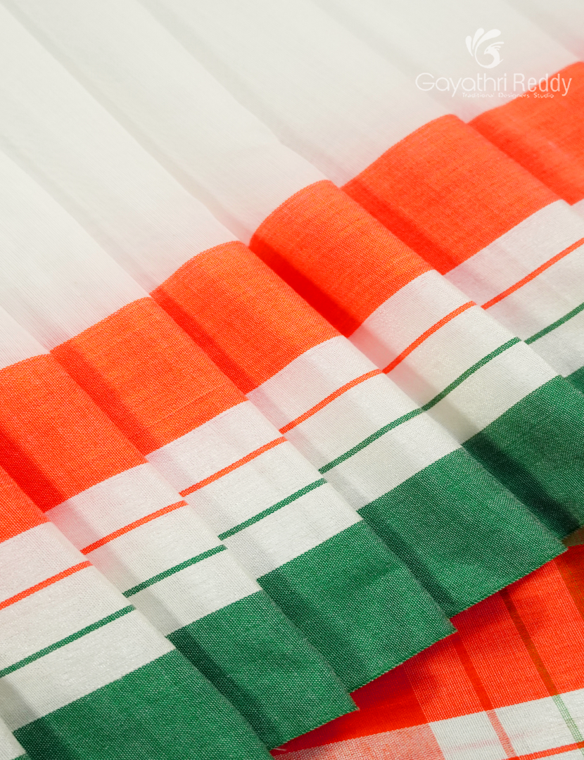 Tant Cotton Saree in White with Tirangaa Border Independence Day Special