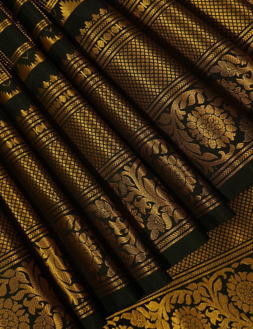 Pure Gadwal Silk Saree in Deep Olive Green
