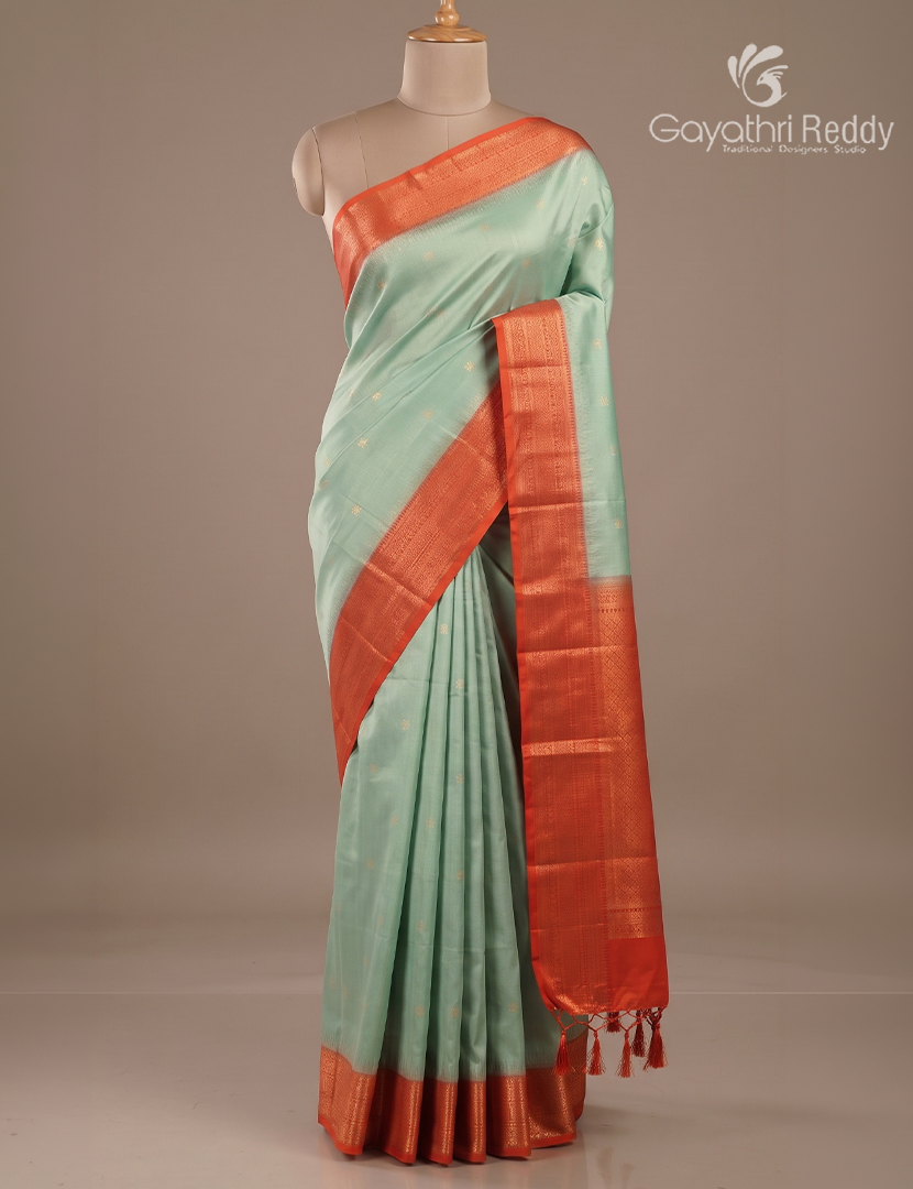 Pure Kanchipuram Vintage Silk Saree in Mint Green and Orange
