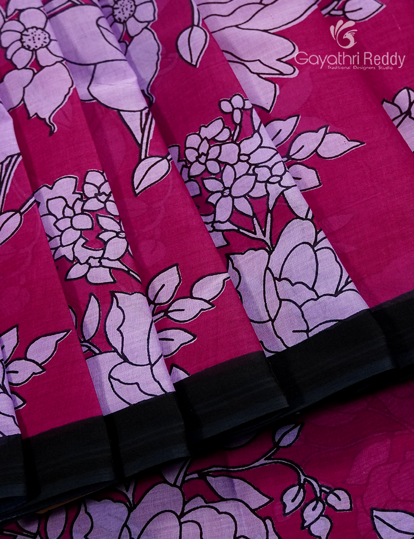Pure MulMul Cotton Saree in Deep Magenta and Black