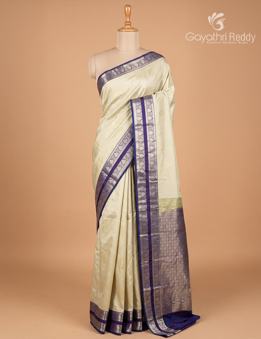 Semi Kanchipuram Silk Saree Cream and Navy Blue