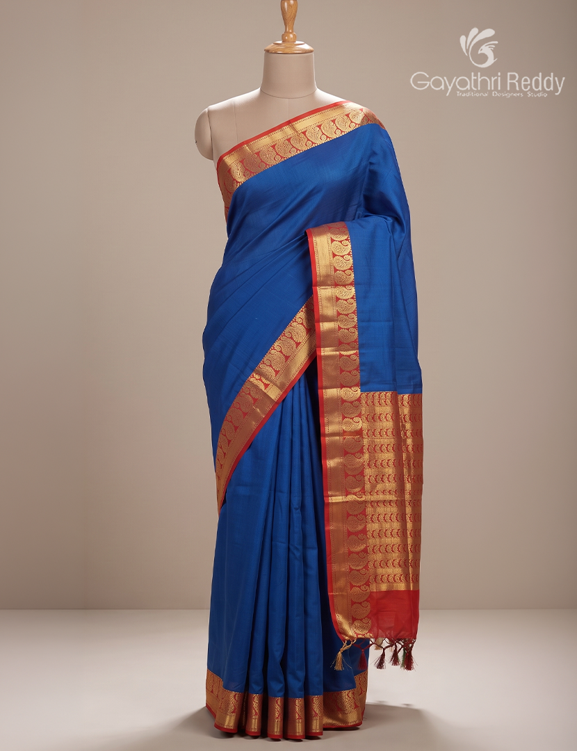 Pure Kanchi Sico Saree in Cobalt Blue and Red