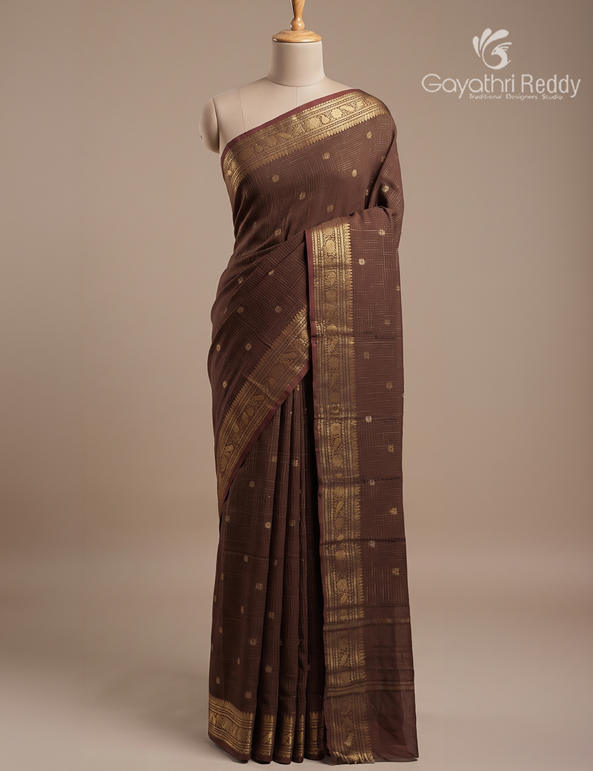 Semi Mysore Crepe Saree in Deep Brown