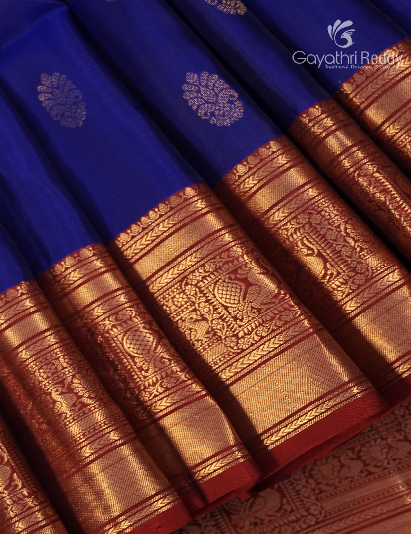 Pure Kanchipuram Soft Silk Saree in Royal Blue and Rust