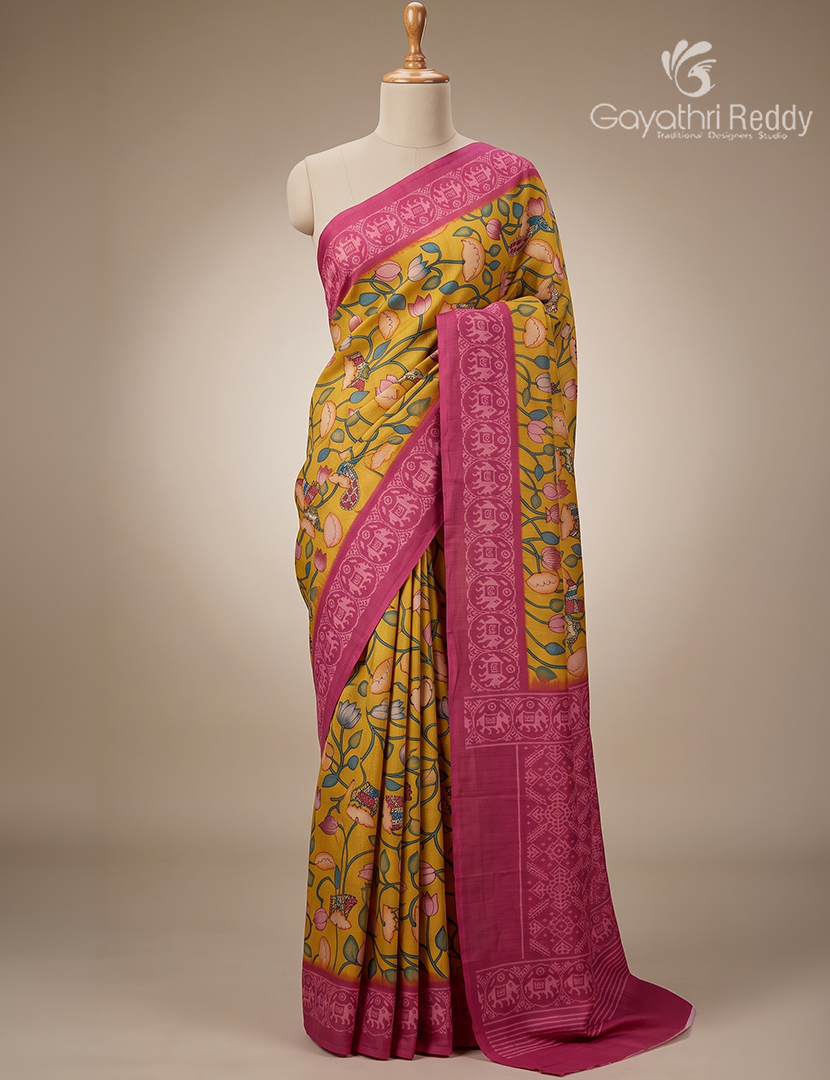 Semi Tussar Silk Saree in Deep Mustard and Pink