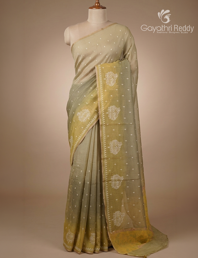 Silk Kota Saree in Light Grey and Light Mustard