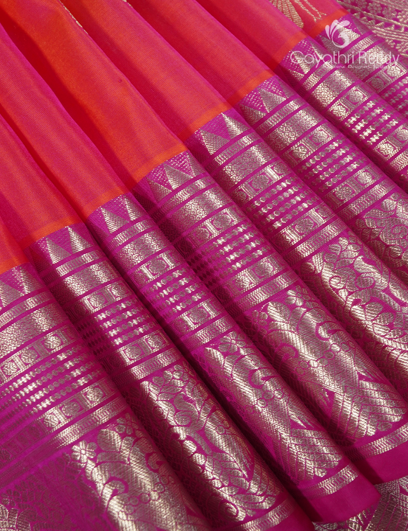 Pure Venkatagiri Silk Saree in Orange and Rani Pink