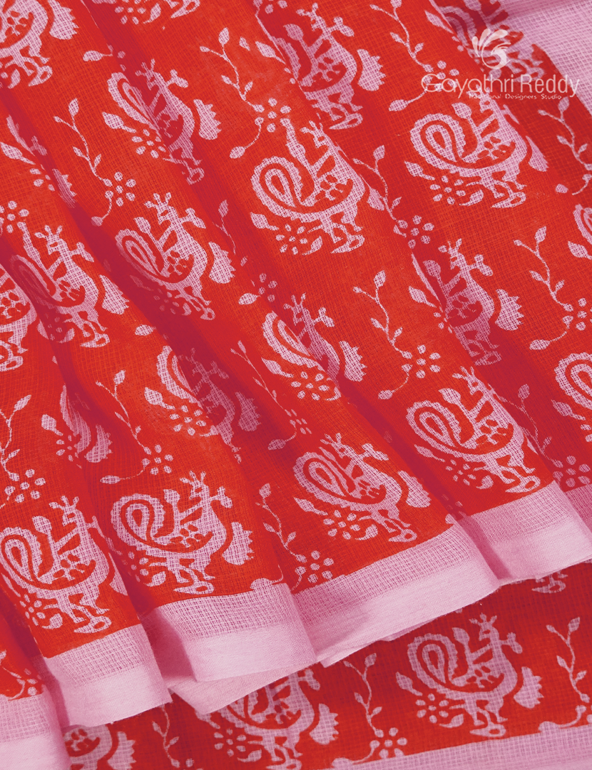 Munga Cotton Saree in Orange and Baby Pink