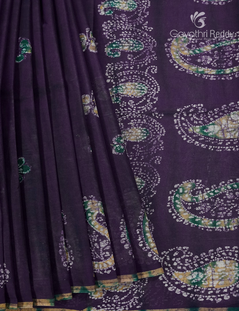 Cotton Batik Print Saree in Deep Purple