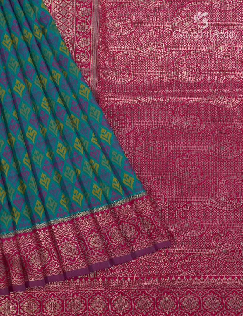 Semi Kanchipuram Art Silk Saree in Deep Peacock Green and Deep Pink