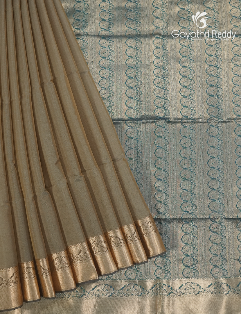 Pure Kanchipuram Sico Saree in Beige and Deep Peacock Blue