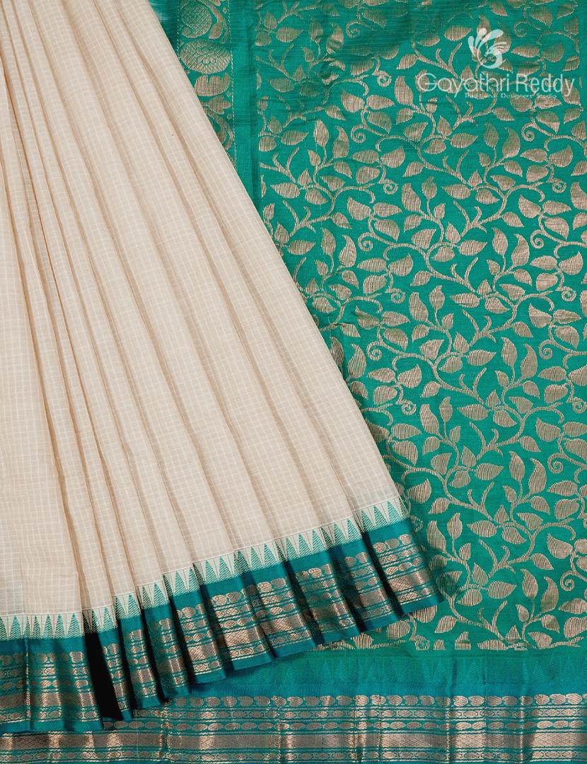 Pure Gadwal Cotton Saree in Light Beige and Deep Rama Green