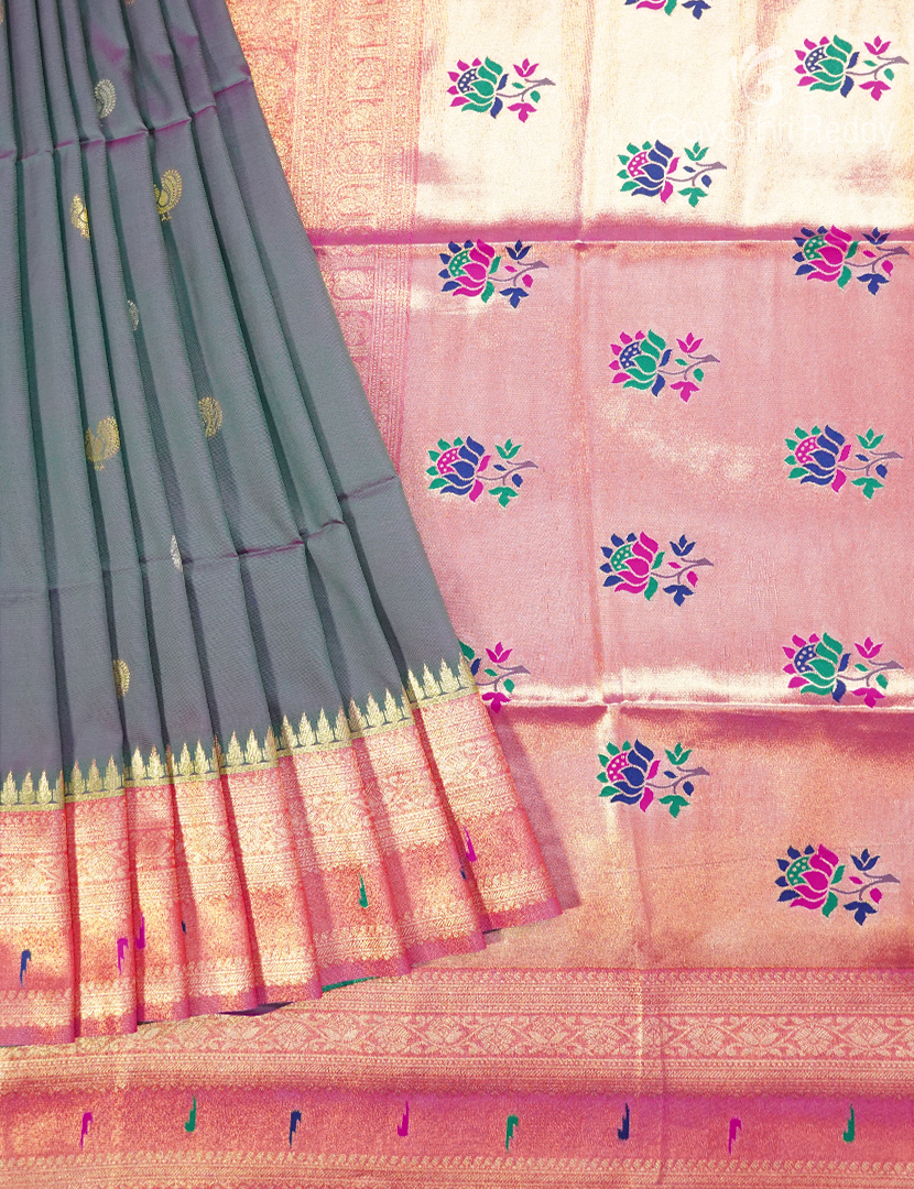 Semi Kanchipuram Art Silk Saree in Grey nd Peach