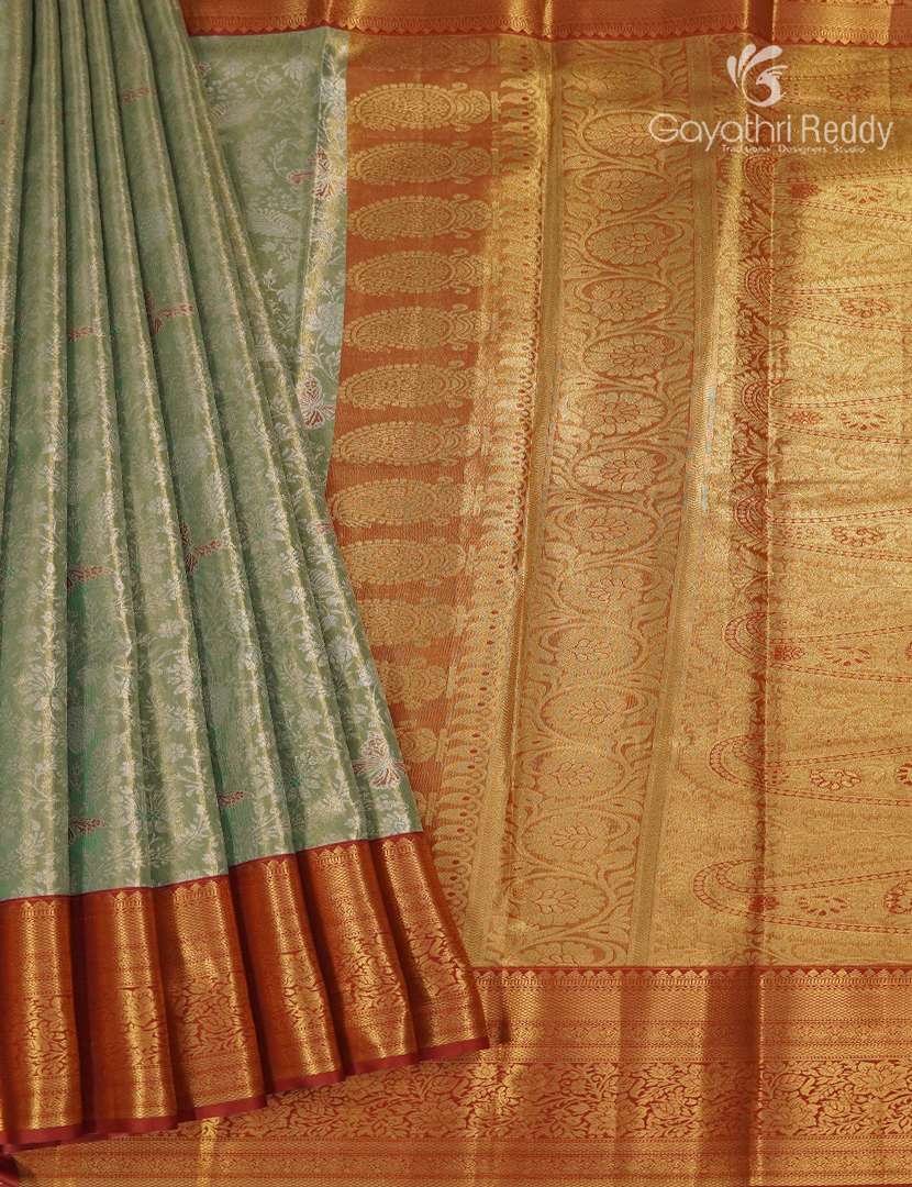 Semi Kanchipuram Silk Saree in Sea Green and Red