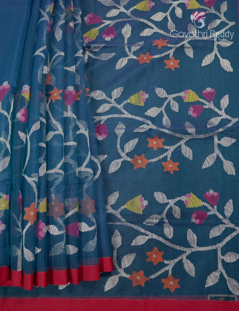 Pure Jamdani Kora Saree in Indigo Grey