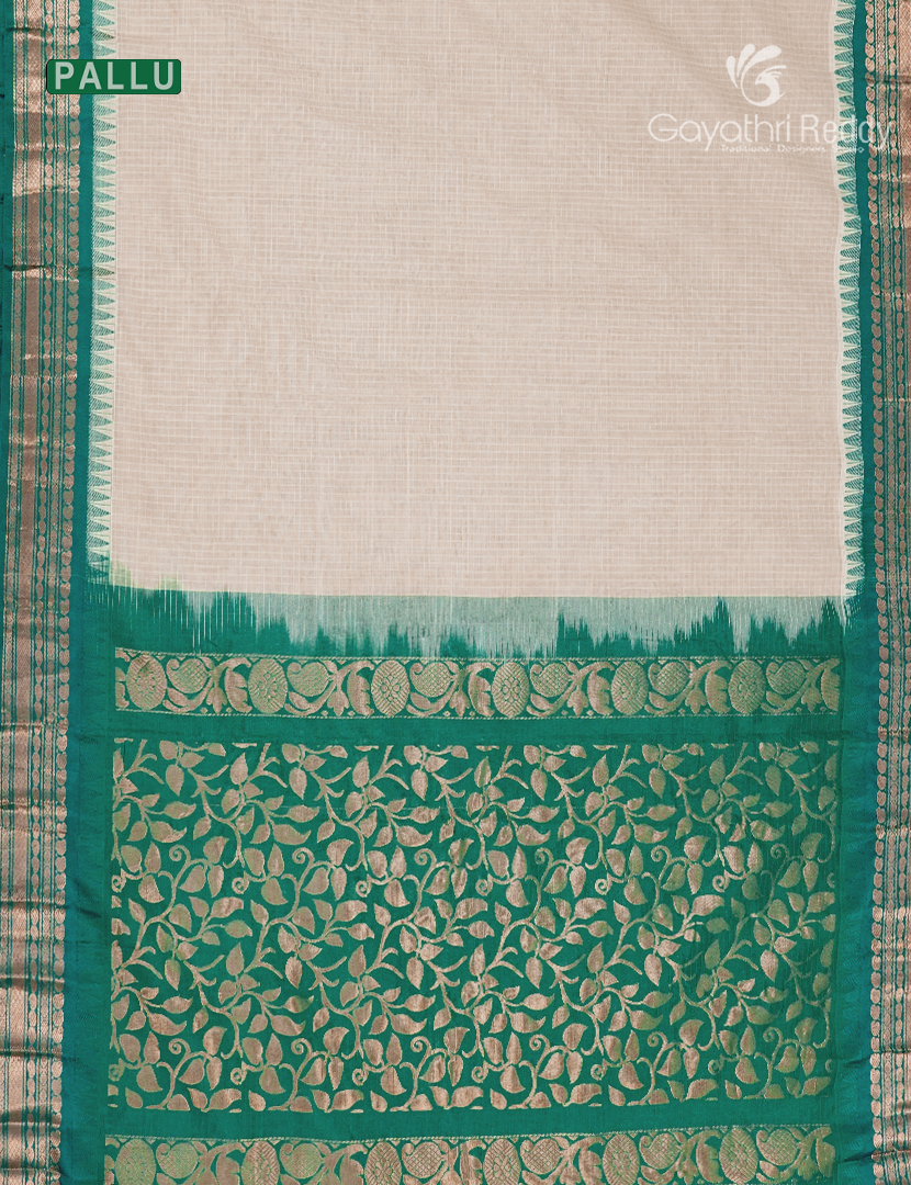 Pure Gadwal Cotton Saree in Light Beige and Deep Rama Green
