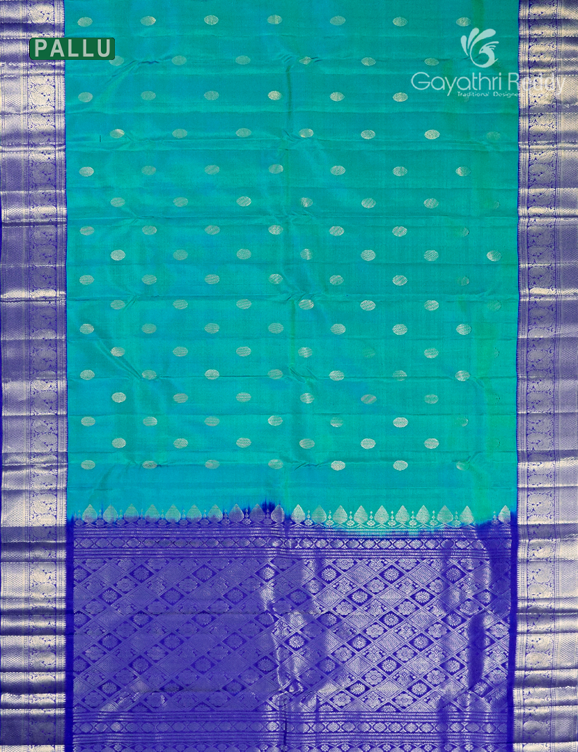 Pure Kanchipuram Silk Saree in Dual Shade of Sea Green and Royal Blue (Medium Borders )-KP8773