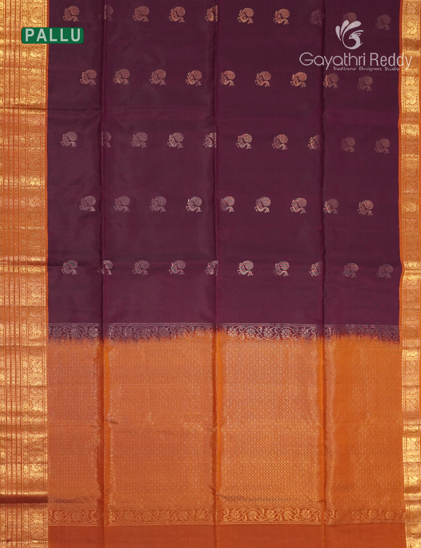 Pure Kanchipuram Soft Silk Saree in Deep Wine and Rust Orange