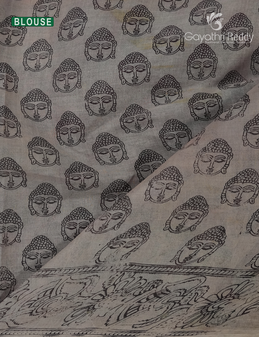 Kalamkari Printed Cotton Saree in Deep Rust Red and Beige