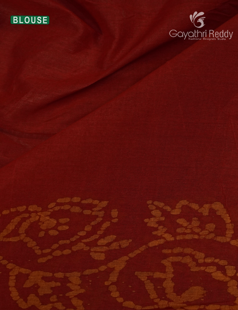 Cotton Batik Print Saree in Deep Red and Rust Orange