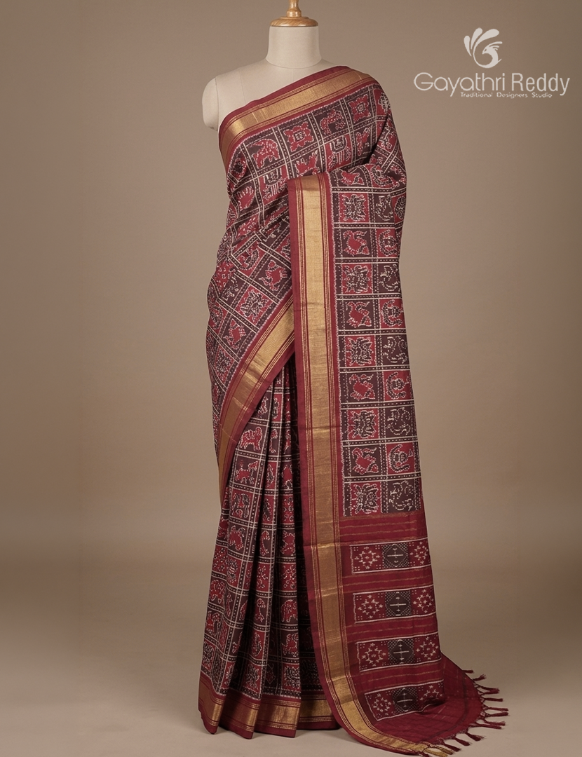 Pure Ikat Silk Saree in Brown and Magenta